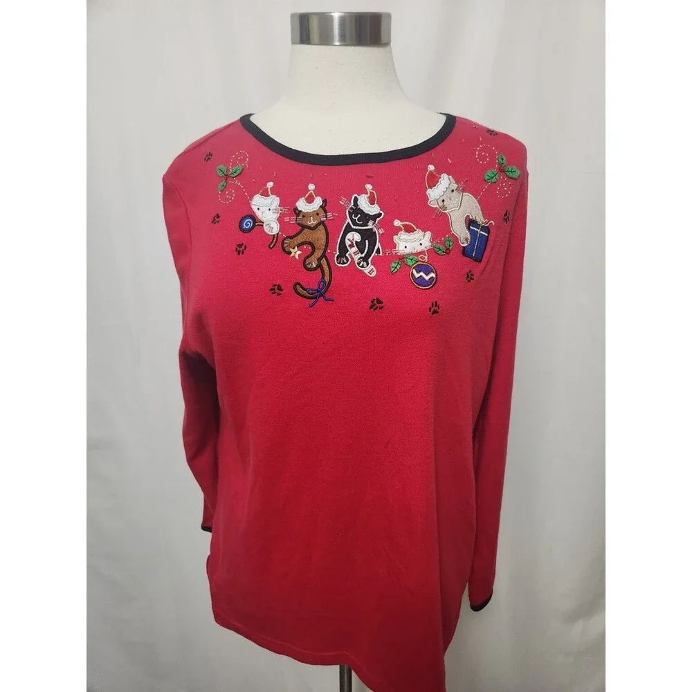 Bon Worth Womens HOLIDAY Knit Top Small Red Knit party CATS Appliqués Beaded